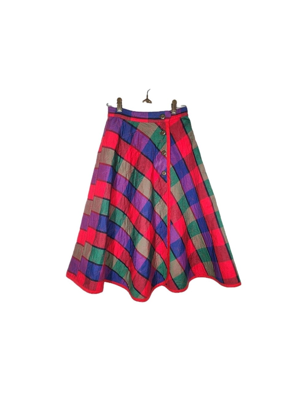Vtg 60s Quilted Wrap Skirt Plaid Red Button Full Winter Pinup 2 Sided w25 XS S